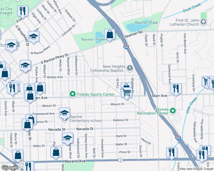 map of restaurants, bars, coffee shops, grocery stores, and more near 612 Dearborn Avenue in Toledo