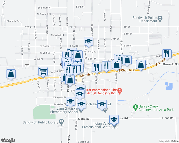 map of restaurants, bars, coffee shops, grocery stores, and more near 114 Clark Street in Sandwich