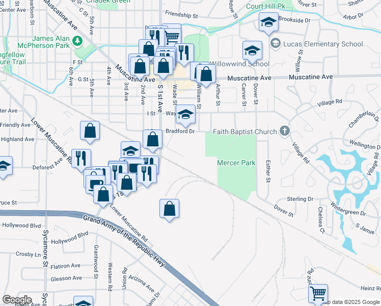 map of restaurants, bars, coffee shops, grocery stores, and more near 2501 Bradford Drive in Iowa City