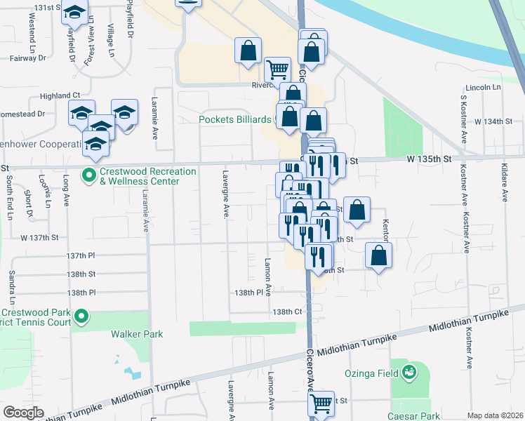 map of restaurants, bars, coffee shops, grocery stores, and more near 13625 Royal Court in Crestwood