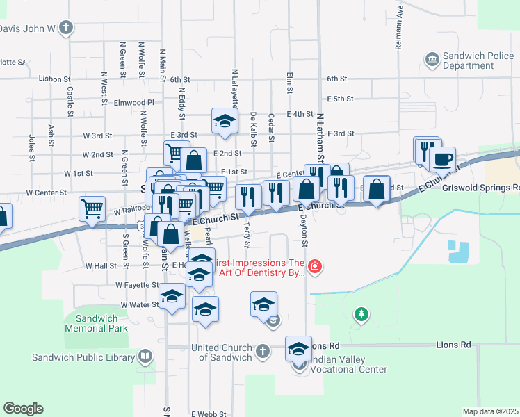 map of restaurants, bars, coffee shops, grocery stores, and more near 422 East Church Street in Sandwich