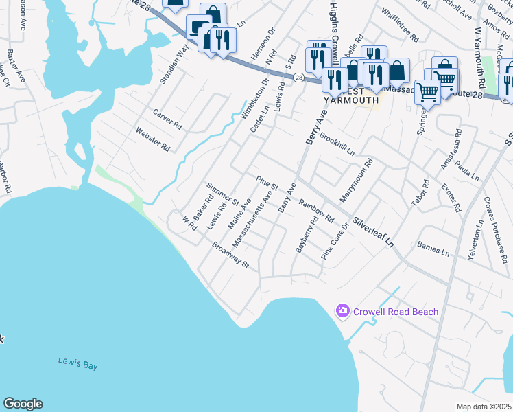 map of restaurants, bars, coffee shops, grocery stores, and more near 19 Massachusetts Avenue in Yarmouth