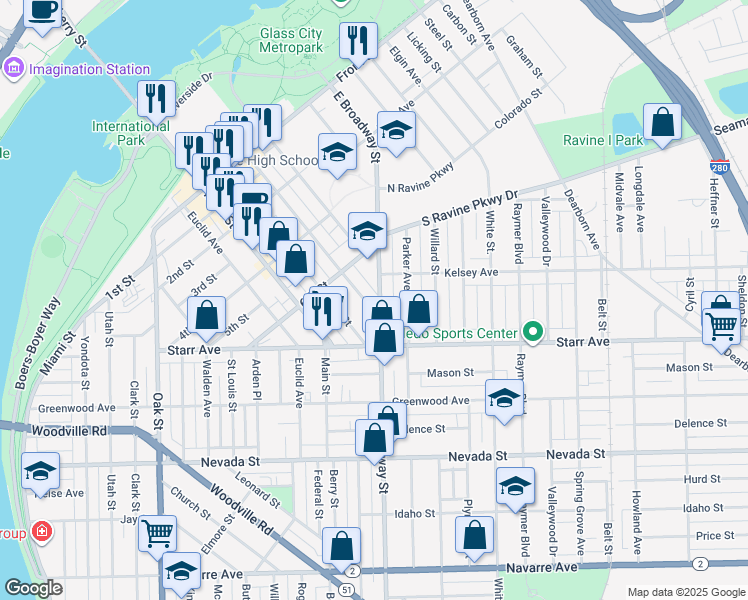 map of restaurants, bars, coffee shops, grocery stores, and more near 335 East Broadway Street in Toledo