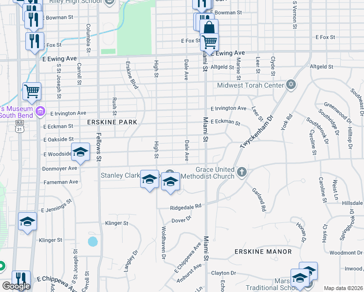 map of restaurants, bars, coffee shops, grocery stores, and more near 2900-2948 Dale Ave in South Bend