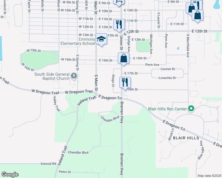 map of restaurants, bars, coffee shops, grocery stores, and more near 201-399 Kings Ct S in Mishawaka