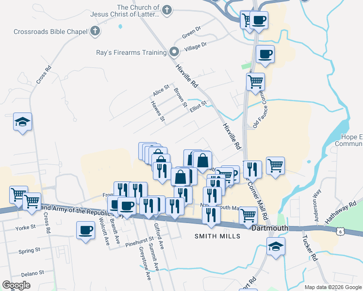 map of restaurants, bars, coffee shops, grocery stores, and more near 48 Bellevue Street in Dartmouth