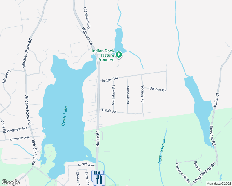 map of restaurants, bars, coffee shops, grocery stores, and more near 54 Mattatuck Road in Bristol