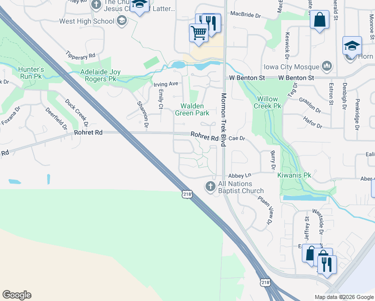 map of restaurants, bars, coffee shops, grocery stores, and more near 1551 Ranier Drive in Iowa City