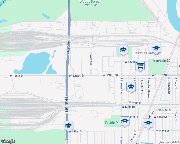 map of restaurants, bars, coffee shops, grocery stores, and more near 13750 South Lowe Avenue in Riverdale