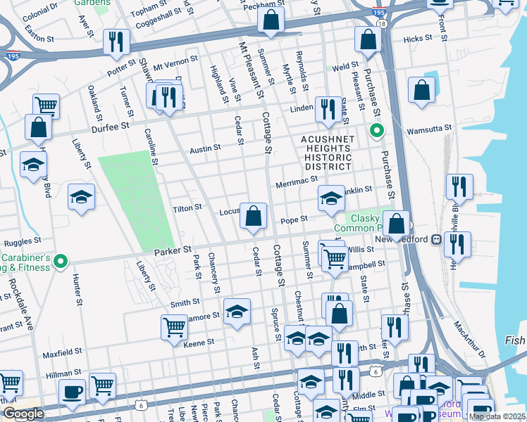 map of restaurants, bars, coffee shops, grocery stores, and more near 357 Pope Street in New Bedford