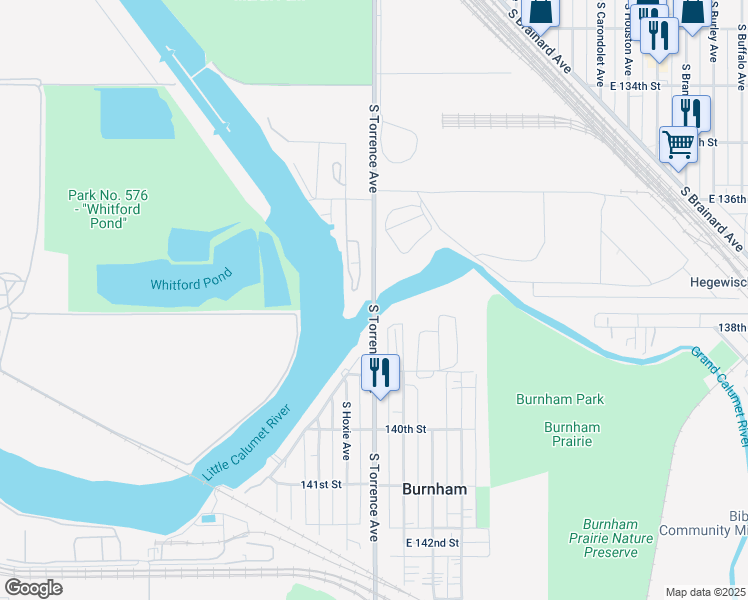 map of restaurants, bars, coffee shops, grocery stores, and more near 2606 East 138th Place in Burnham