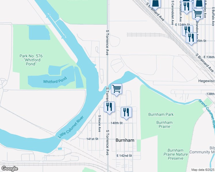 map of restaurants, bars, coffee shops, grocery stores, and more near 12600 South Torrence Avenue in Chicago