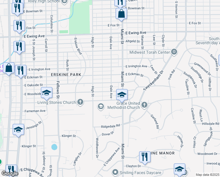 map of restaurants, bars, coffee shops, grocery stores, and more near 2900-2948 Dale Ave in South Bend