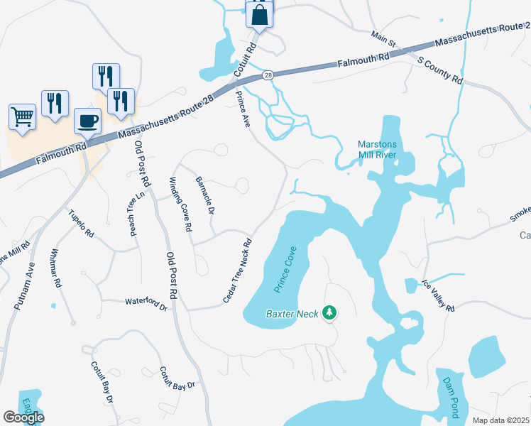 map of restaurants, bars, coffee shops, grocery stores, and more near 211 Cedar Tree Neck Road in Barnstable
