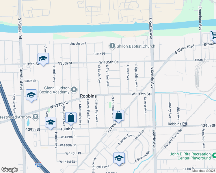 map of restaurants, bars, coffee shops, grocery stores, and more near South Trumbull Avenue in Robbins