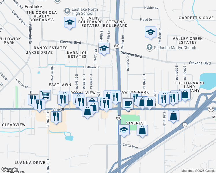 map of restaurants, bars, coffee shops, grocery stores, and more near 1321 East 349th Street in Eastlake