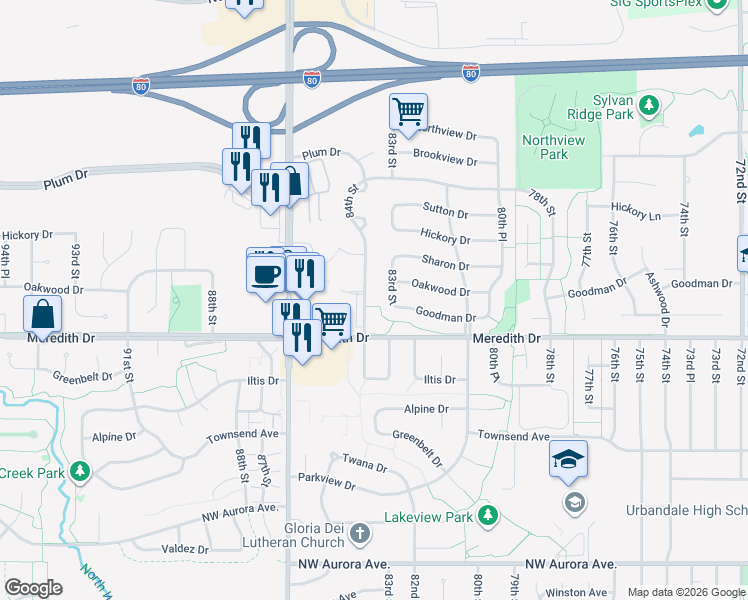 map of restaurants, bars, coffee shops, grocery stores, and more near 4637 84th Street in Urbandale