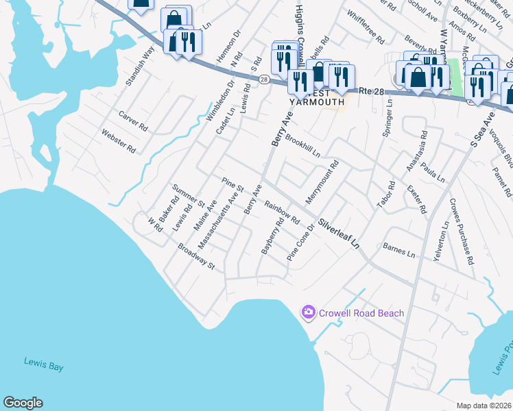 map of restaurants, bars, coffee shops, grocery stores, and more near 108 Berry Avenue in Yarmouth