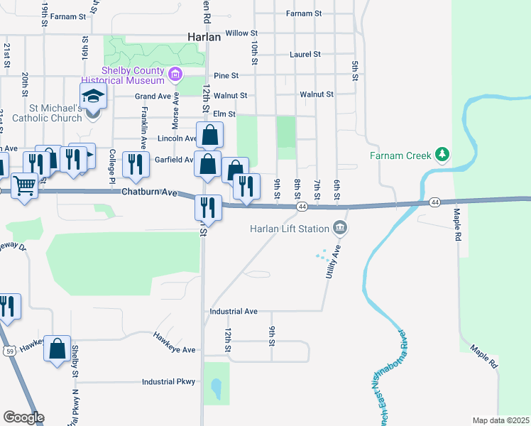 map of restaurants, bars, coffee shops, grocery stores, and more near 907 Chatburn Avenue in Harlan