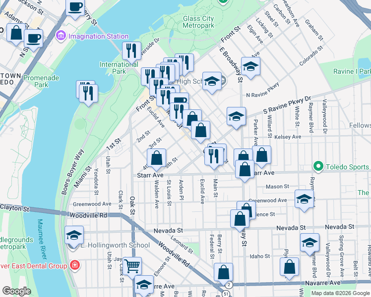 map of restaurants, bars, coffee shops, grocery stores, and more near 423 Euclid Avenue in Toledo