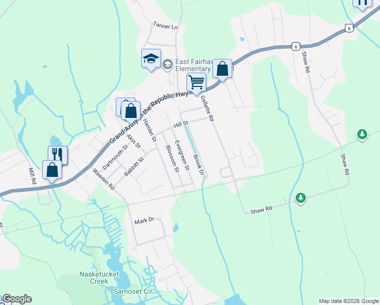 map of restaurants, bars, coffee shops, grocery stores, and more near 24 Brook Drive in Fairhaven