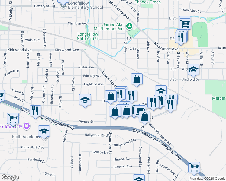 map of restaurants, bars, coffee shops, grocery stores, and more near 1429 Sycamore Street in Iowa City
