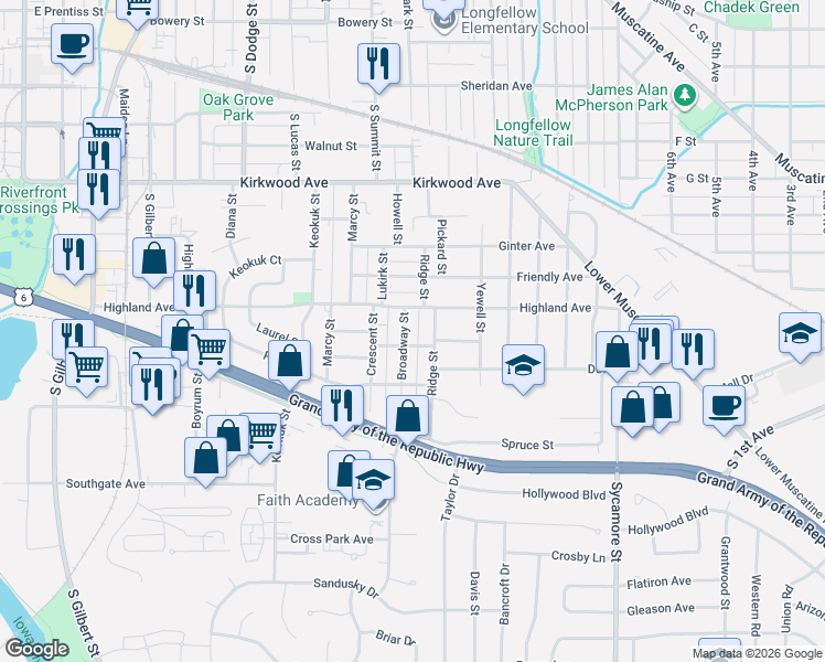 map of restaurants, bars, coffee shops, grocery stores, and more near 15124 Cottonwood Avenue in Iowa City