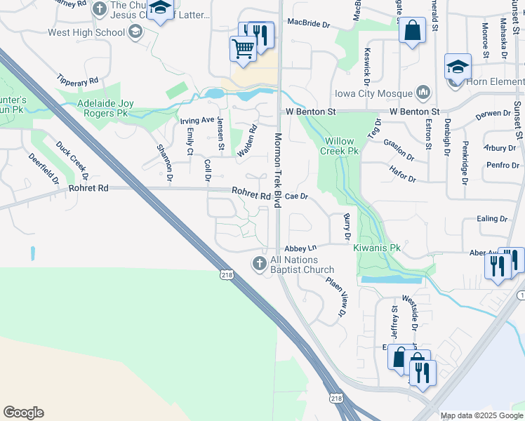 map of restaurants, bars, coffee shops, grocery stores, and more near 1521 McKinley Place in Iowa City