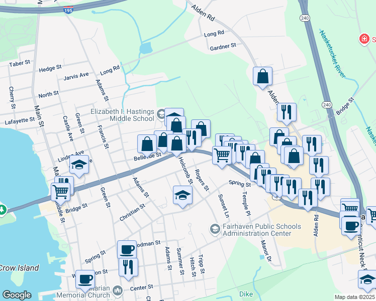 map of restaurants, bars, coffee shops, grocery stores, and more near 27 Rogers Street in Fairhaven