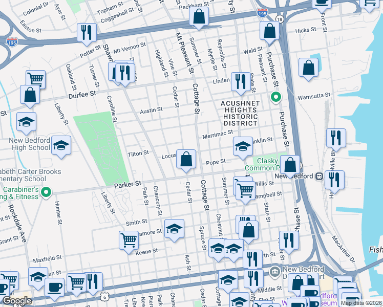 map of restaurants, bars, coffee shops, grocery stores, and more near 123 Homer Street in New Bedford