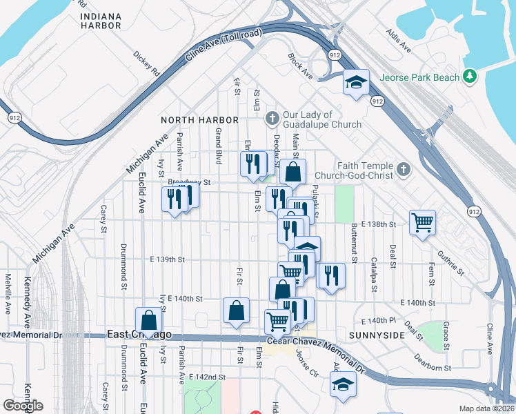 map of restaurants, bars, coffee shops, grocery stores, and more near 3735 Elm Street in East Chicago