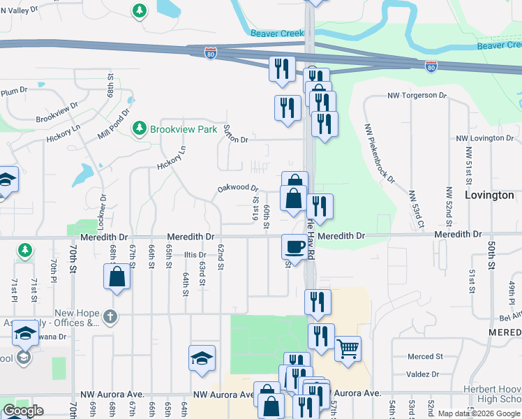 map of restaurants, bars, coffee shops, grocery stores, and more near 4607 61st Street in Urbandale
