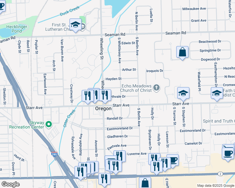 map of restaurants, bars, coffee shops, grocery stores, and more near 2634 Northvale Drive in Oregon