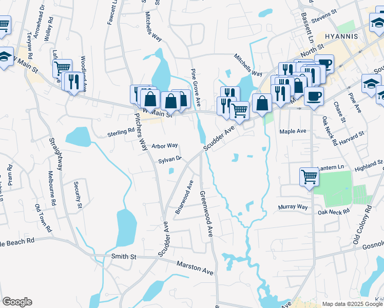 map of restaurants, bars, coffee shops, grocery stores, and more near 135 Scudder Avenue in Barnstable