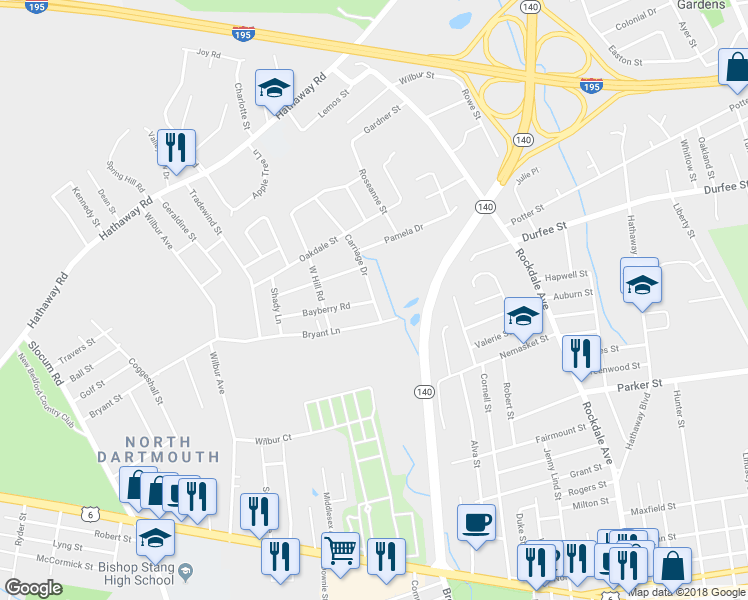 map of restaurants, bars, coffee shops, grocery stores, and more near 20 Carriage Drive in New Bedford
