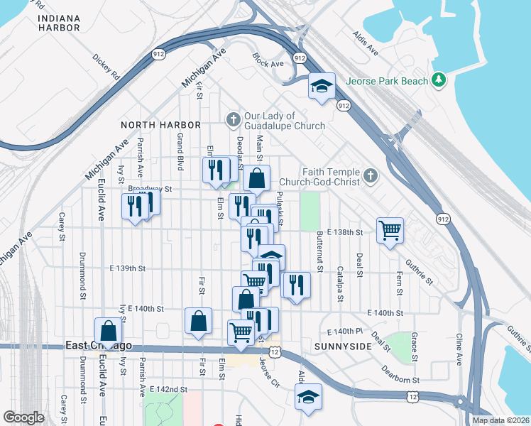 map of restaurants, bars, coffee shops, grocery stores, and more near 2202 East 138th Street in East Chicago