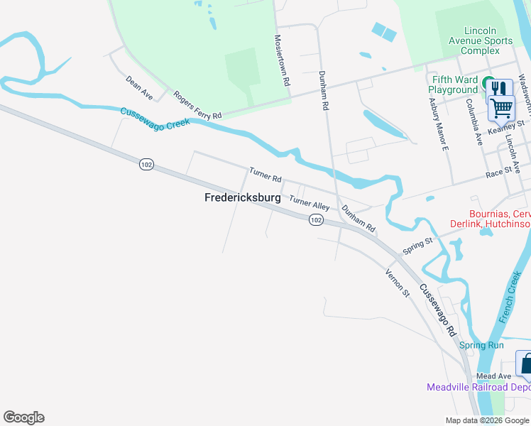 map of restaurants, bars, coffee shops, grocery stores, and more near 17869-18159 Cussewago Rd in Meadville