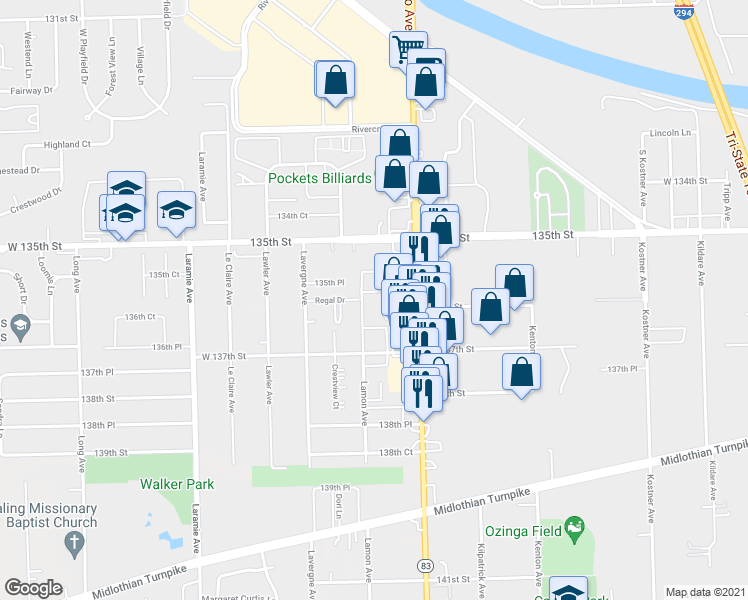 map of restaurants, bars, coffee shops, grocery stores, and more near 13619 Lavergne Avenue in Midlothian