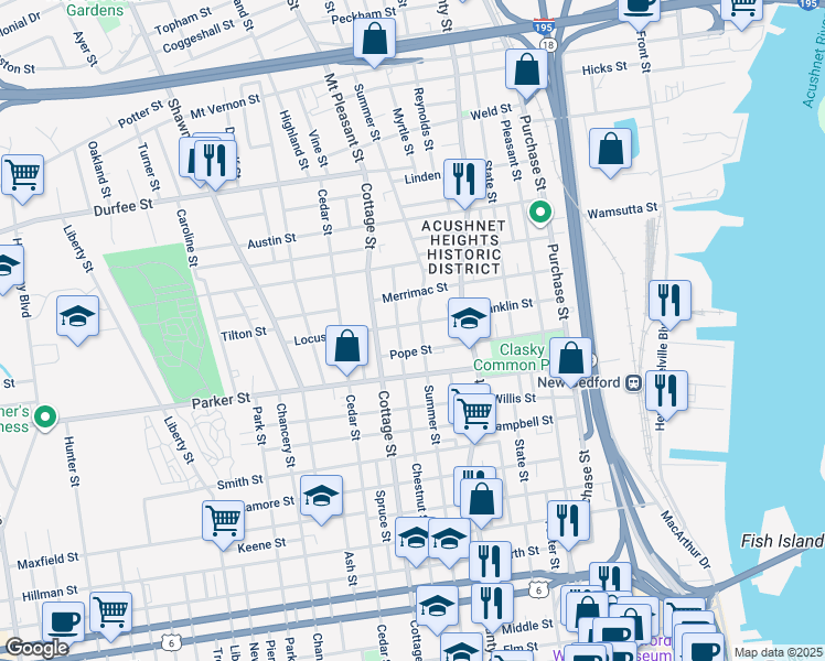 map of restaurants, bars, coffee shops, grocery stores, and more near 241 Summer Street in New Bedford