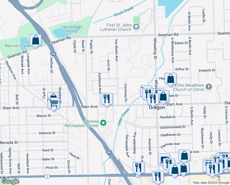 map of restaurants, bars, coffee shops, grocery stores, and more near 2300 Starr Avenue in Oregon