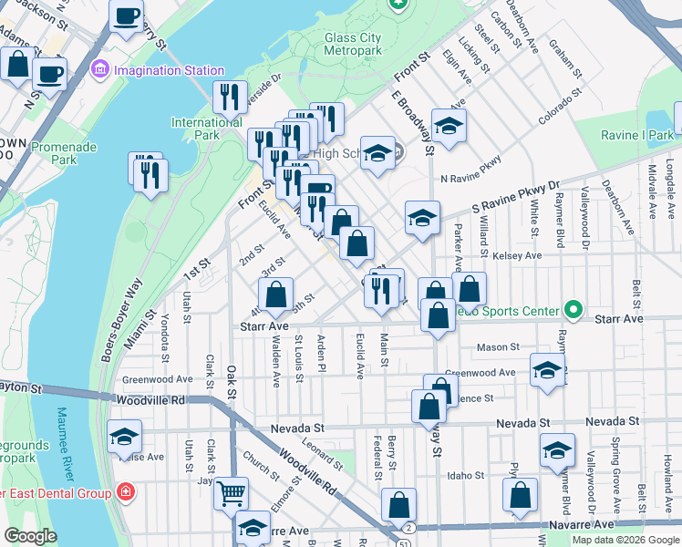 map of restaurants, bars, coffee shops, grocery stores, and more near 505 6th Street in Toledo