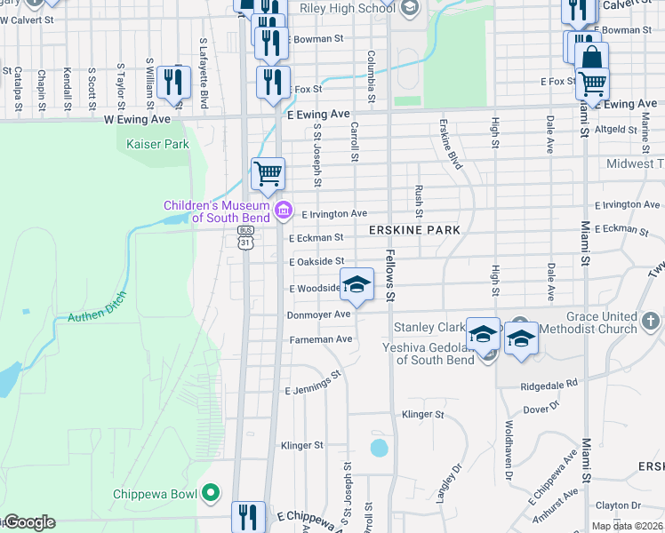 map of restaurants, bars, coffee shops, grocery stores, and more near 211-217 East Woodside Street in South Bend