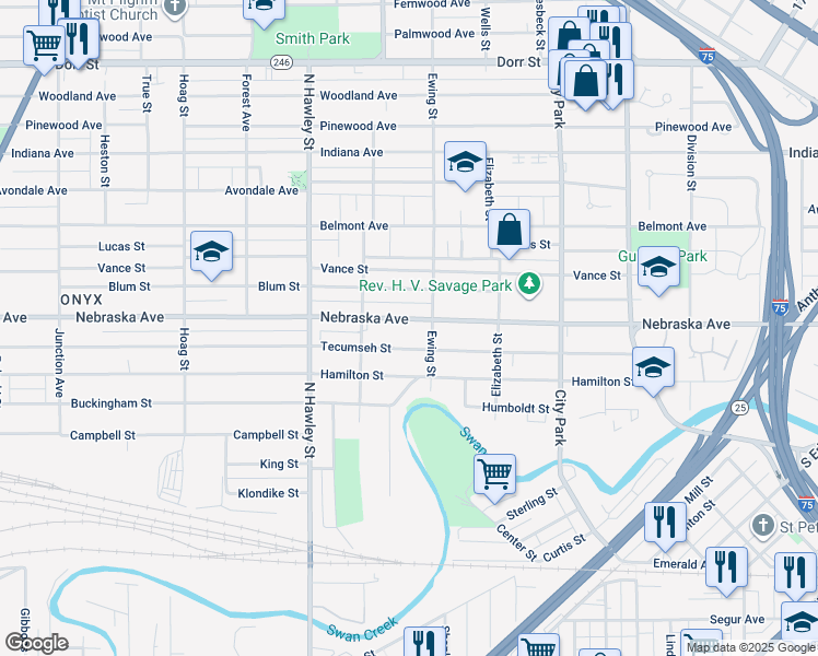 map of restaurants, bars, coffee shops, grocery stores, and more near 823 Tecumseh Street in Toledo