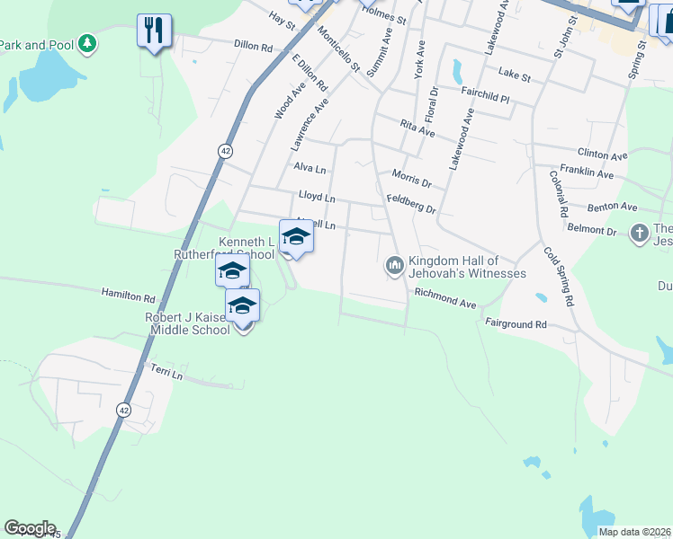 map of restaurants, bars, coffee shops, grocery stores, and more near 28 Burton Avenue in Monticello
