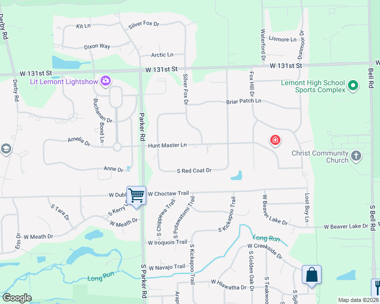 map of restaurants, bars, coffee shops, grocery stores, and more near 13516 South Red Coat Drive in Lemont