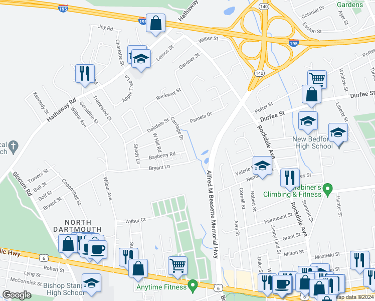 map of restaurants, bars, coffee shops, grocery stores, and more near 22 Carriage Drive in New Bedford