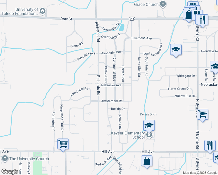 map of restaurants, bars, coffee shops, grocery stores, and more near 527 Continental Boulevard in Toledo