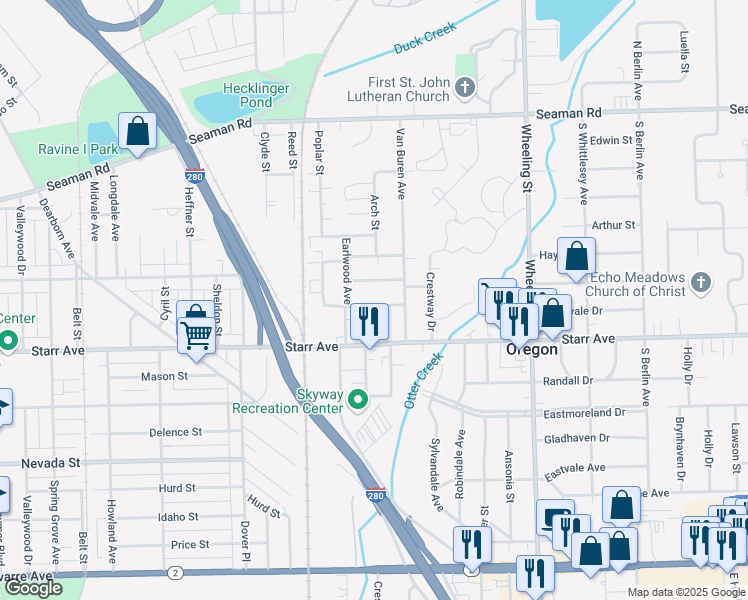 map of restaurants, bars, coffee shops, grocery stores, and more near 2519 Olivewood Avenue in Oregon