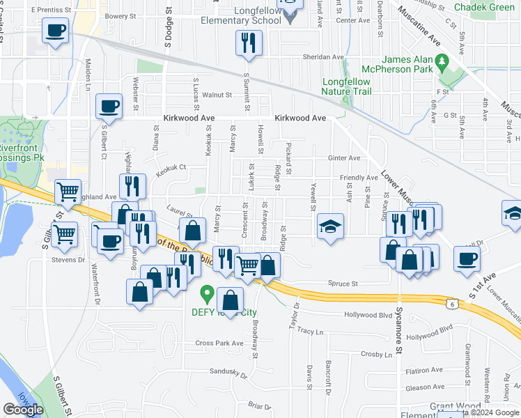 map of restaurants, bars, coffee shops, grocery stores, and more near 1409 Broadway Street in Iowa City