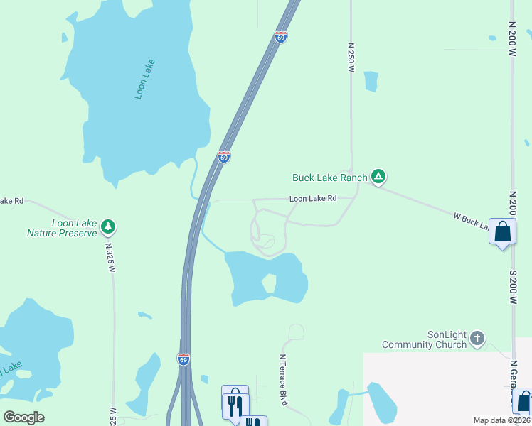 map of restaurants, bars, coffee shops, grocery stores, and more near 2777 West Buck Road in Angola